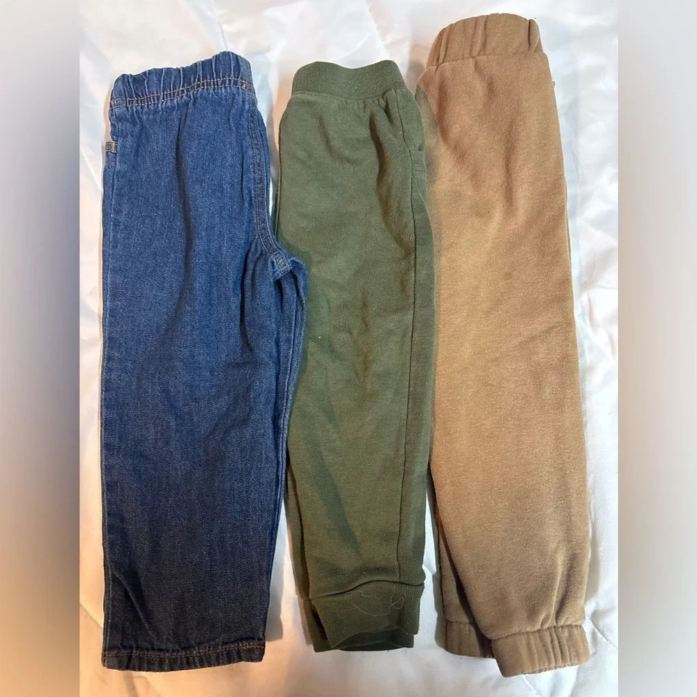 Set of 3 Kids Sweatpants - Blue jeans, Green, and Tan sweatpants 24 months